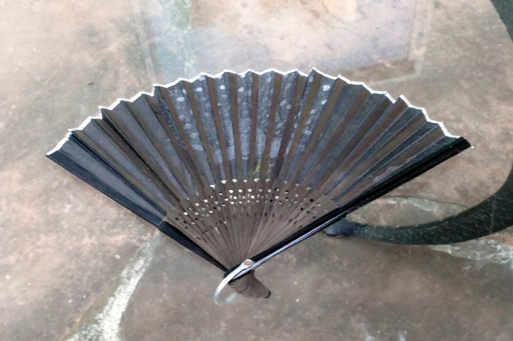Japanese Hand FOLDING FAN, Peacock Bird Bamboo Black and White 12"