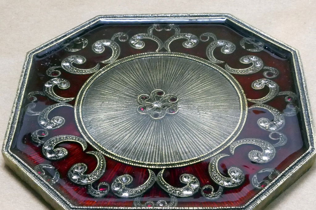 Jeweled coasters floral design red enameled hexagon 4x4"