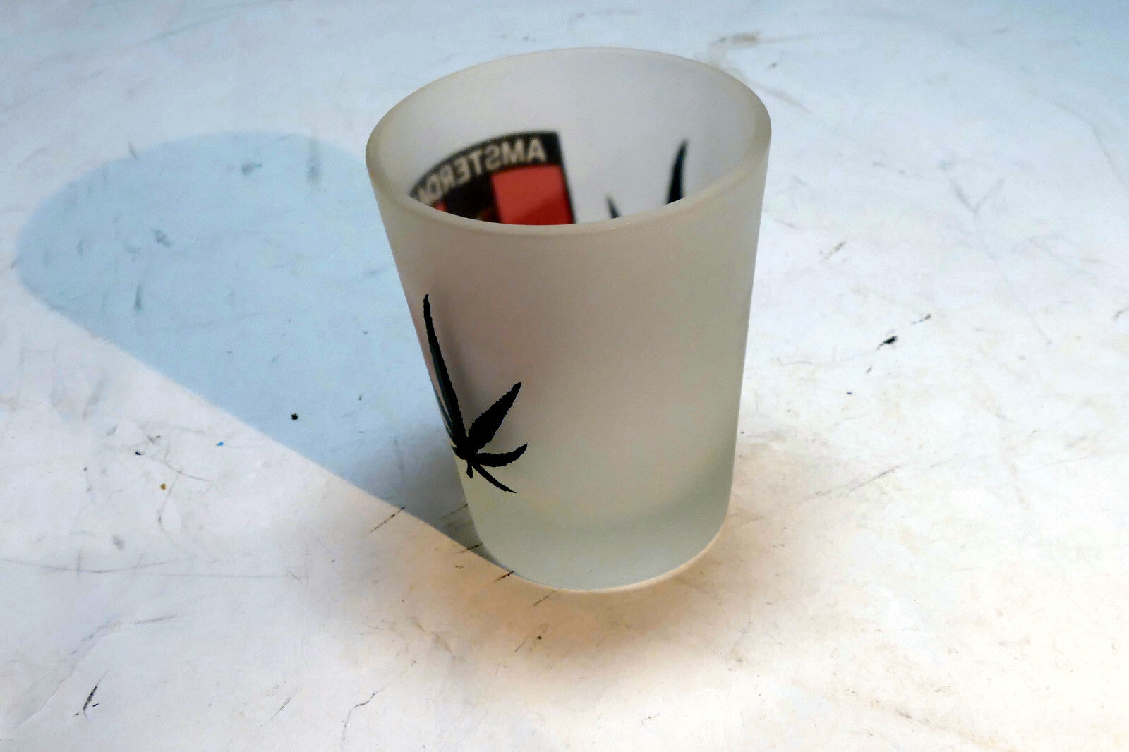 Vintage Amsterdam Shot Frosted Glass 1.5 oz with marihuana leath