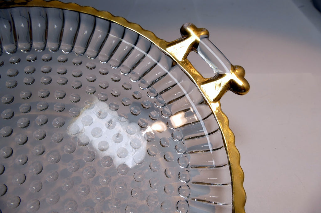 Beveled Glass Candle Holder Plate 8" Round with golden rim two handles