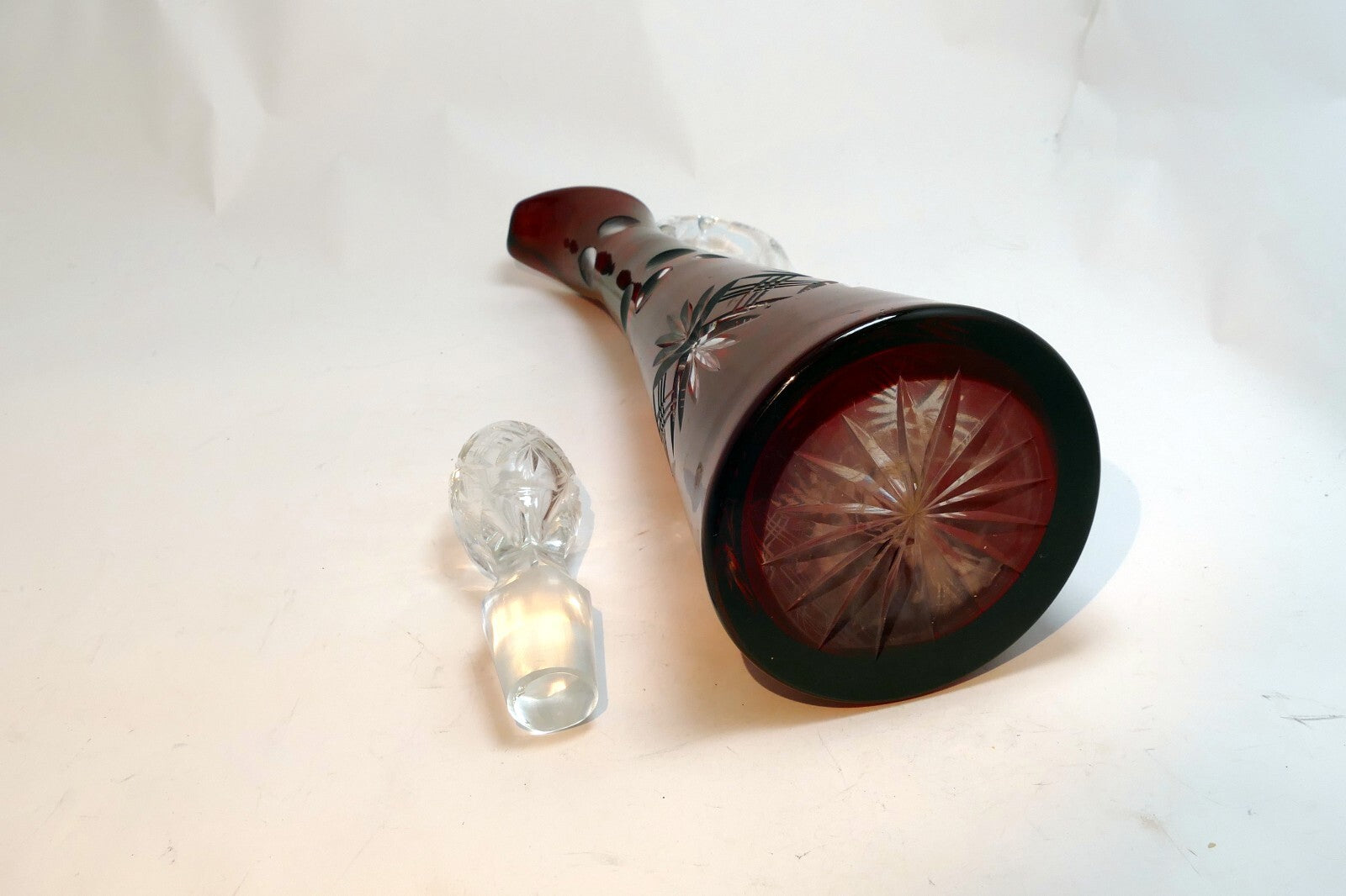Bohemian Cut-to-Clear Ruby Red Glass Decanter With Faceted Stopper Wine