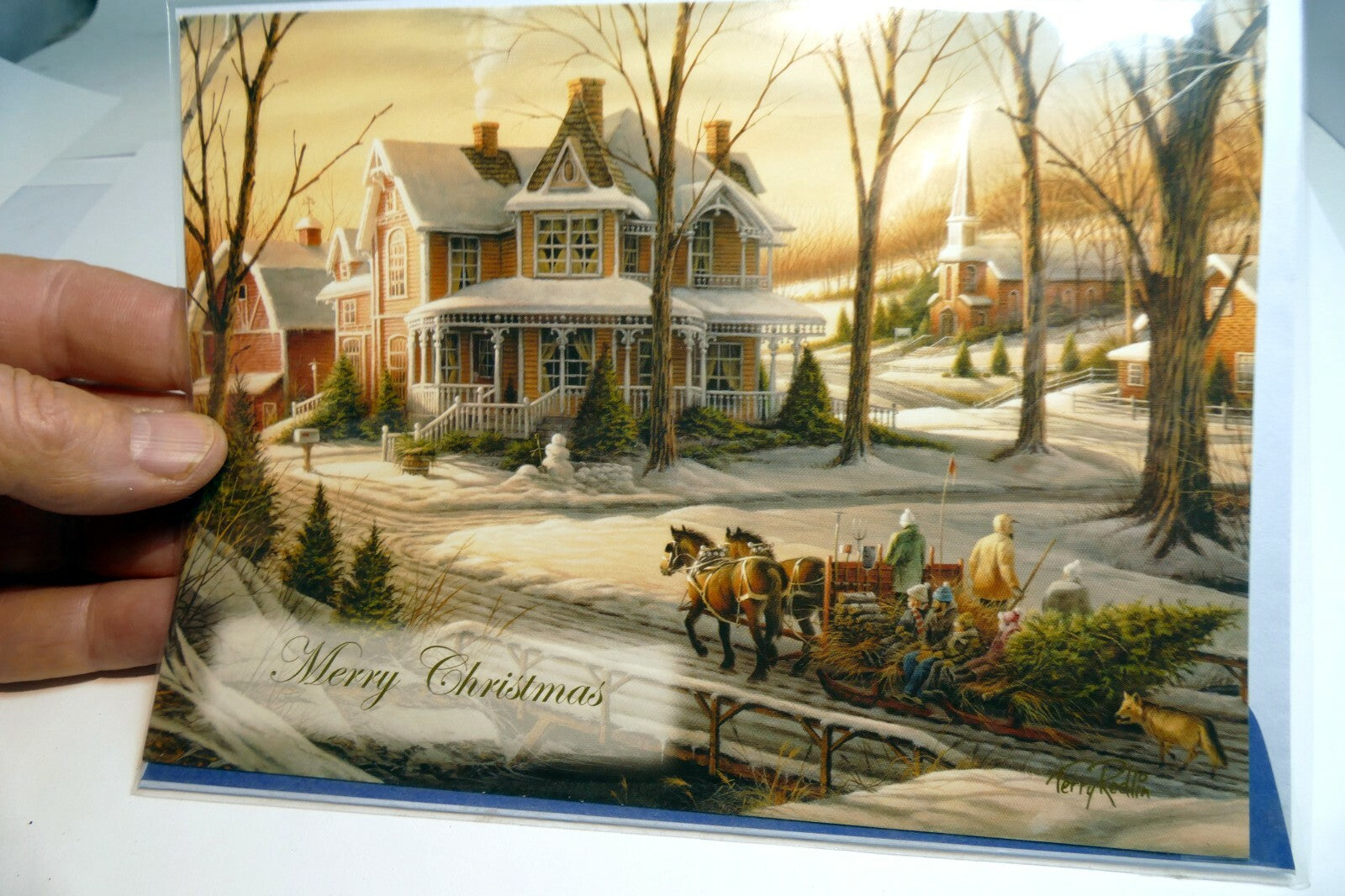 Christmas Card Season's Greeting home snow winter horse sleigh kids tree church