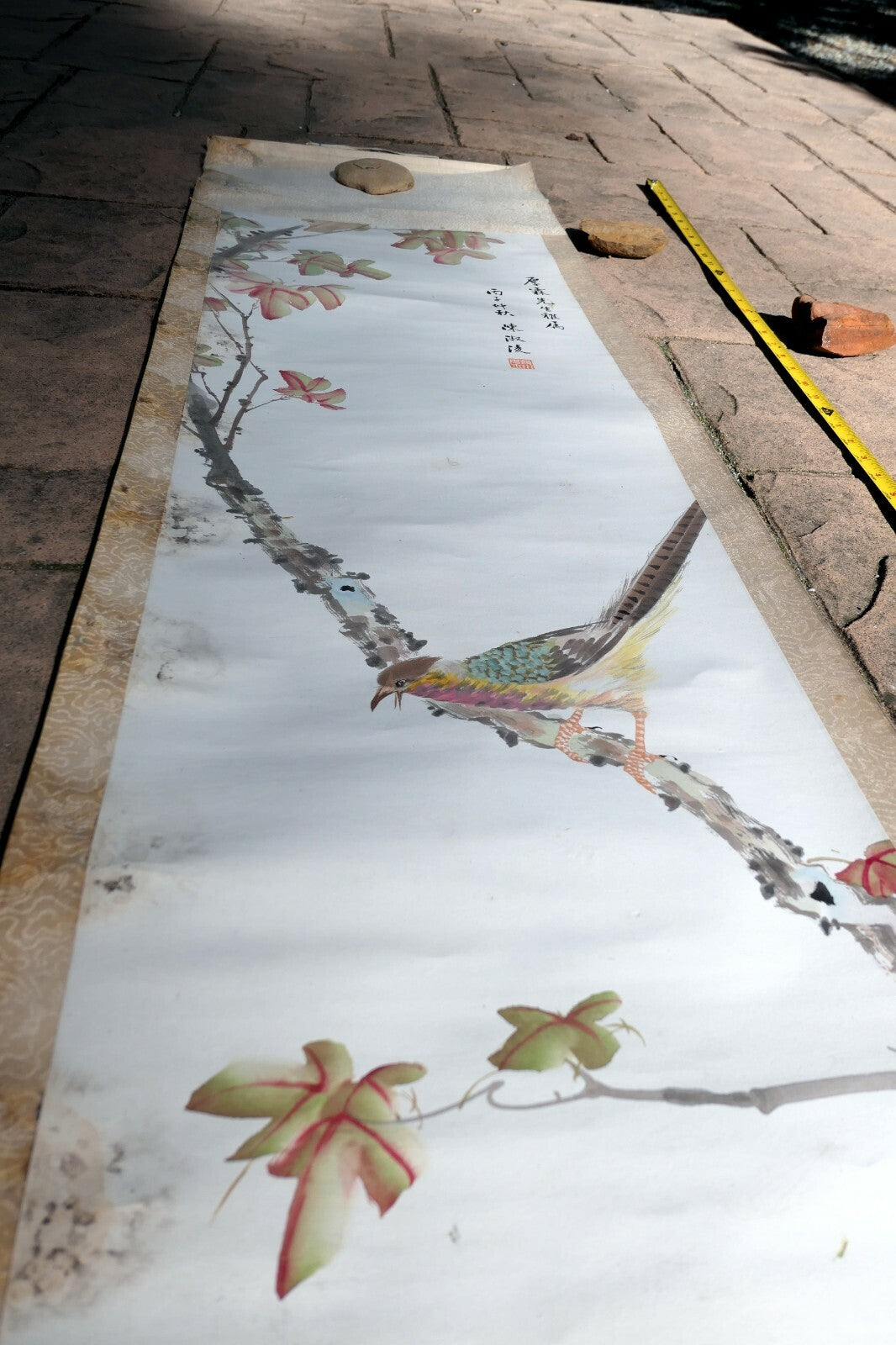 Vintage Chinese Painting Scroll Pheasant Bird Flowers Tree branch antique