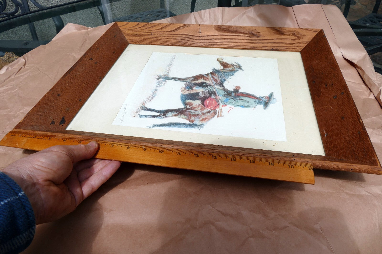 Old Trapper signed Frederic Remington cowboy on a horse framed  11X14"