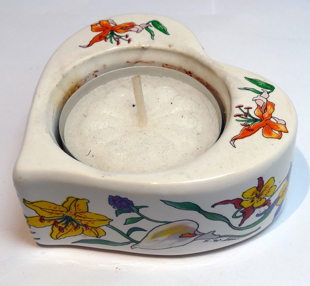 Used tealight candle holder with lily floral design heart shaped