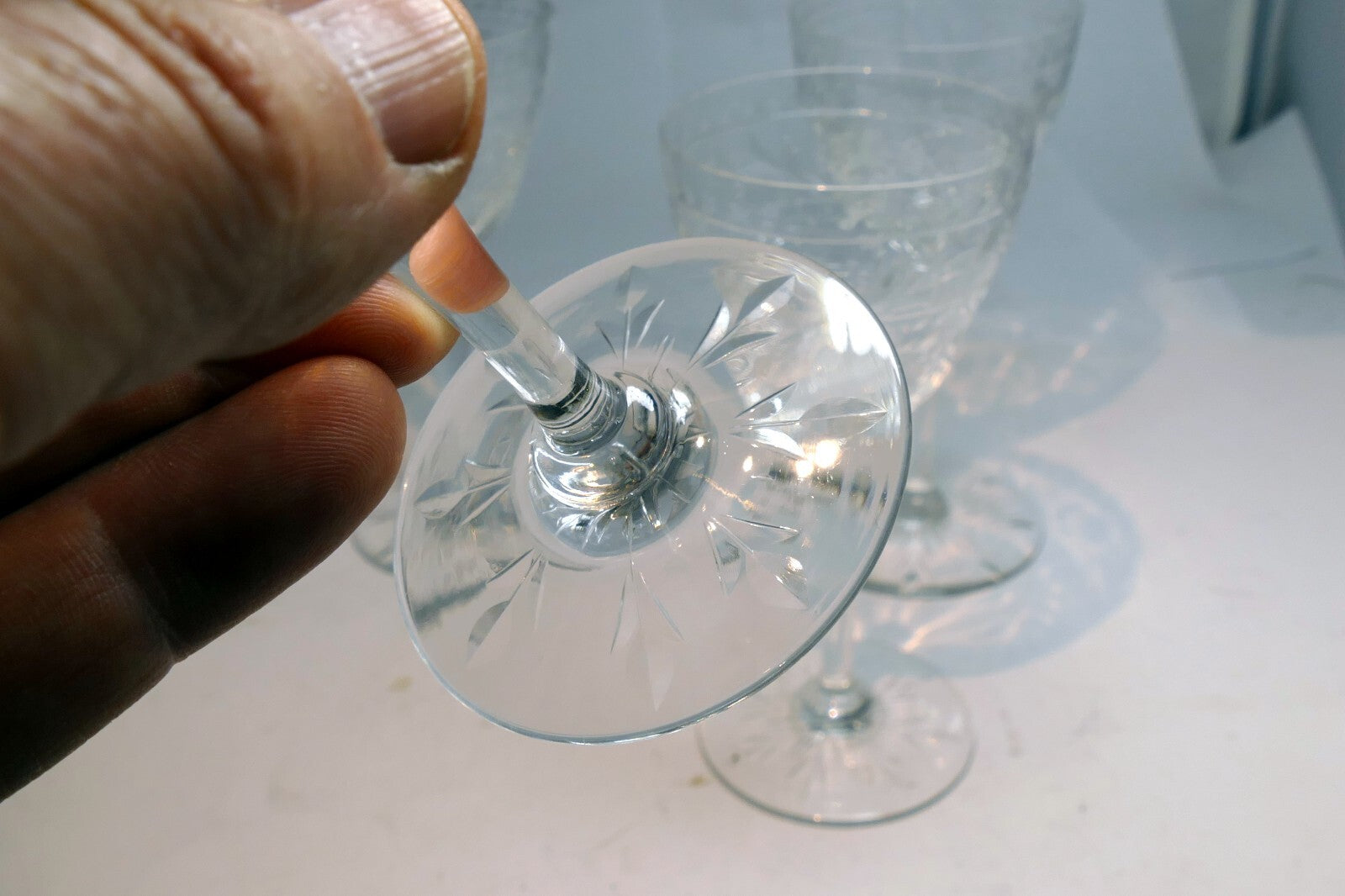 QUEEN'S Anne Lace Bohemian Wine Stem Glass Clear Cut Etched set of 4 Goblets