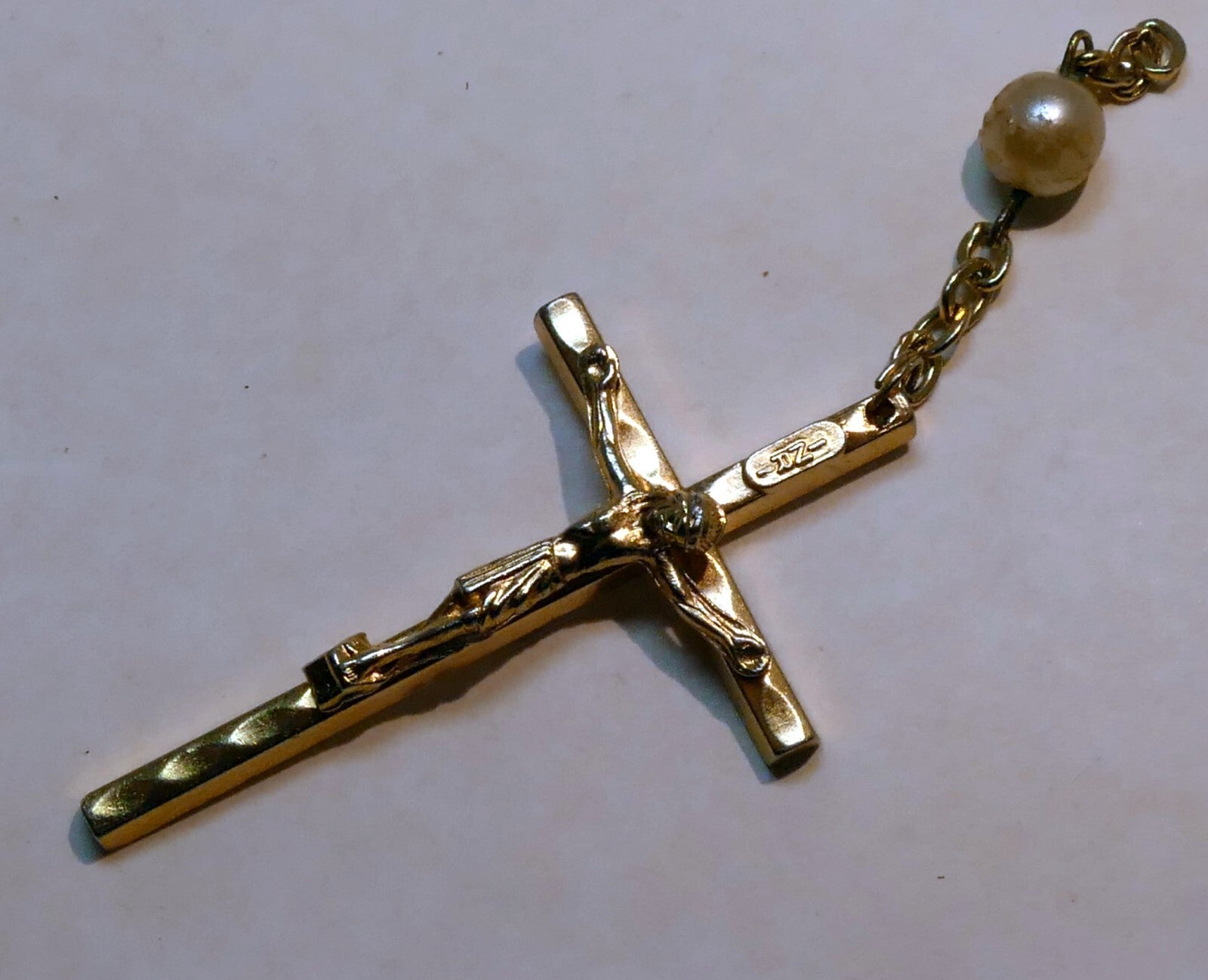 Gold color tone crucifix cross pendant charm   italy vintage 2" long catholic