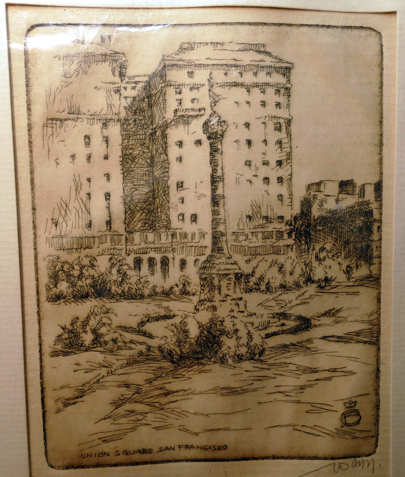 Union square san francisco signed etching 1900's usa limited edition