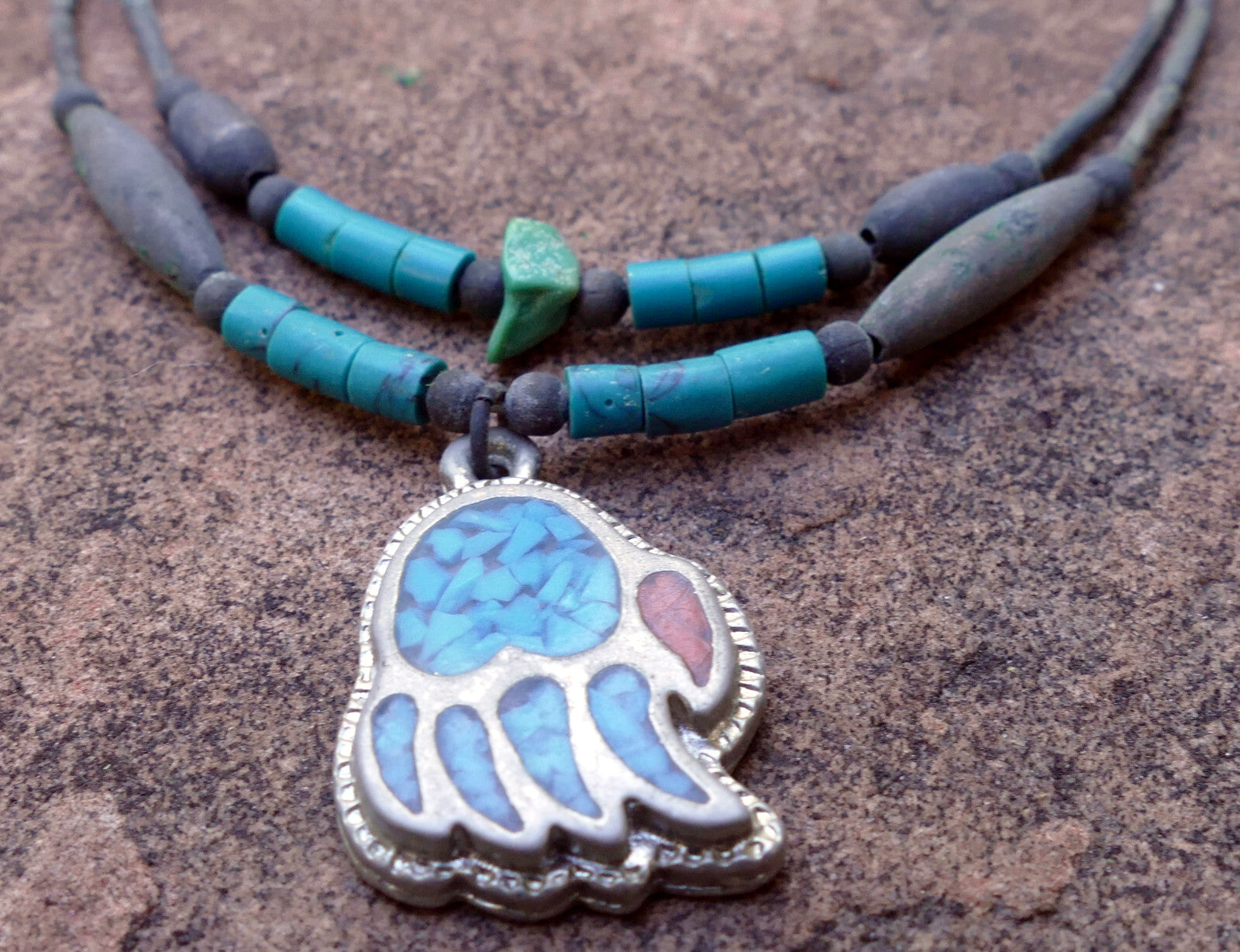 Bear paw brooch necklace inlaid blue and red stones crushed turquoise navajo