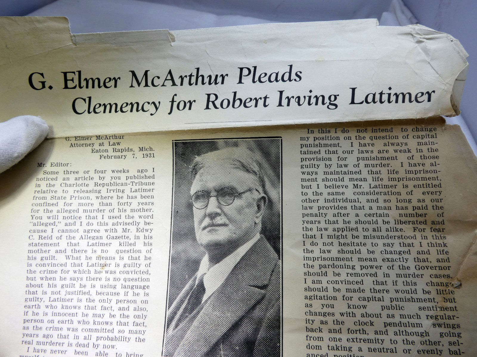 Newspaper Clippings G. Elmer McArthur Pleads Clemency for Robert Irving Matimer