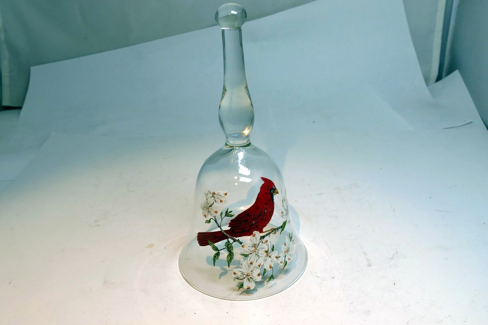 Art Glass Bell Glass Northern Cardinal &white Blossoms 6" Hand Painted Decor