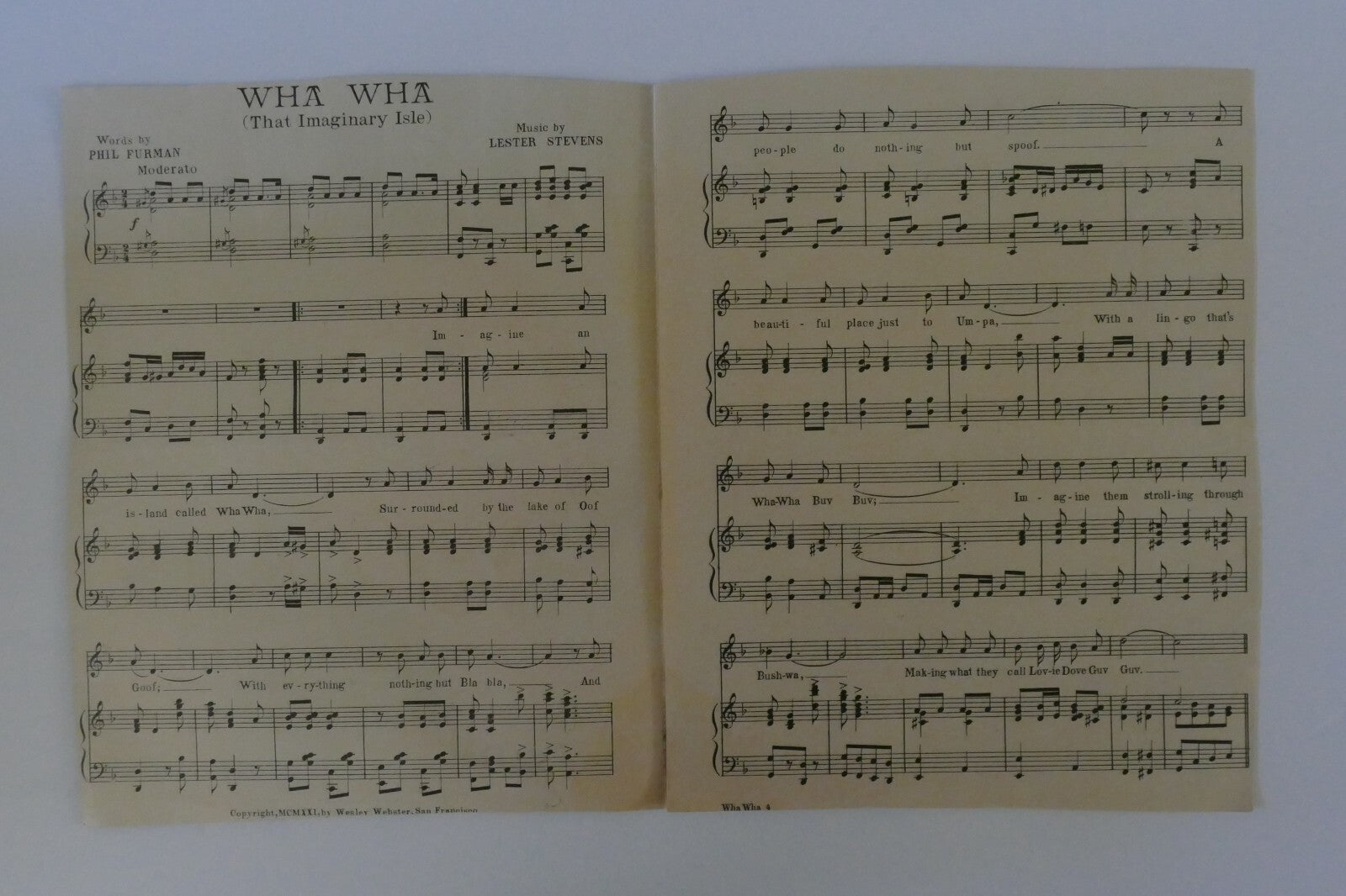 Wha Wha (That Imaginary Isle), 1921, by Phil Furman and Lester Stevens