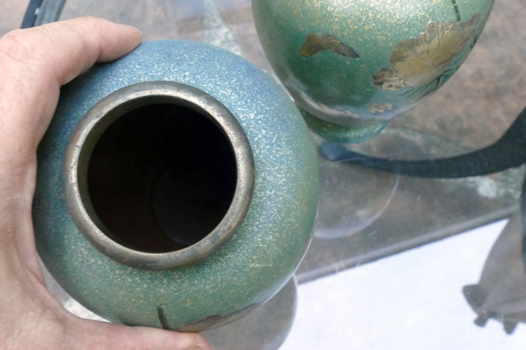 Pair Of Antique Japanese Brass Vases set of two mixed metal