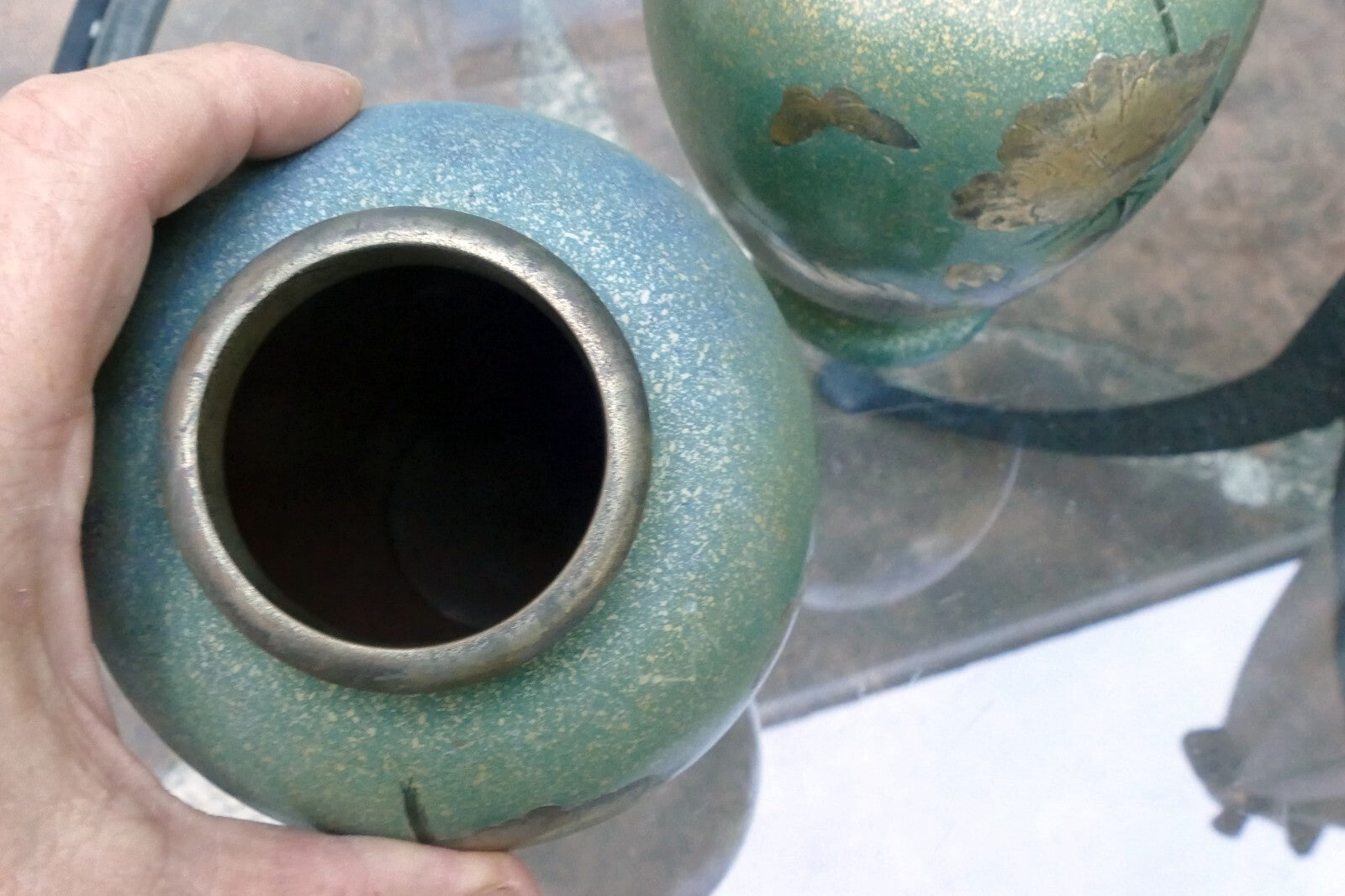 Pair Of Antique Japanese Brass Vases set of two mixed metal