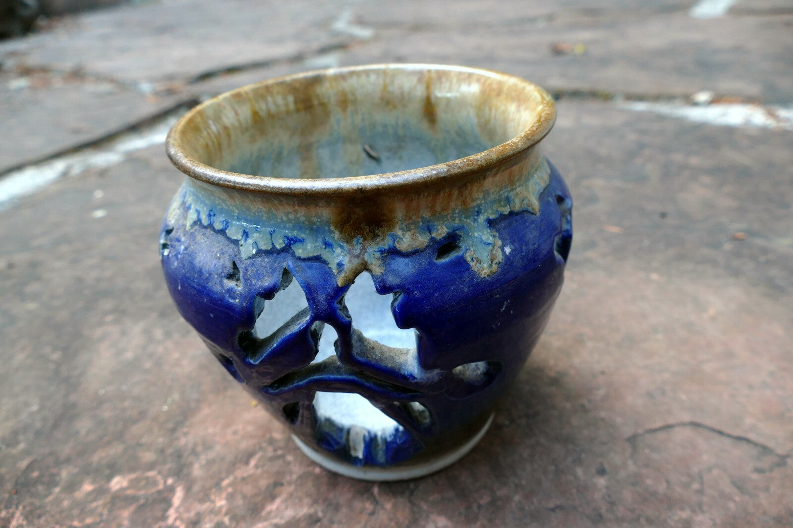 glazed planter Blue with stars 5.5X5.5" small succulent orchid candle holder