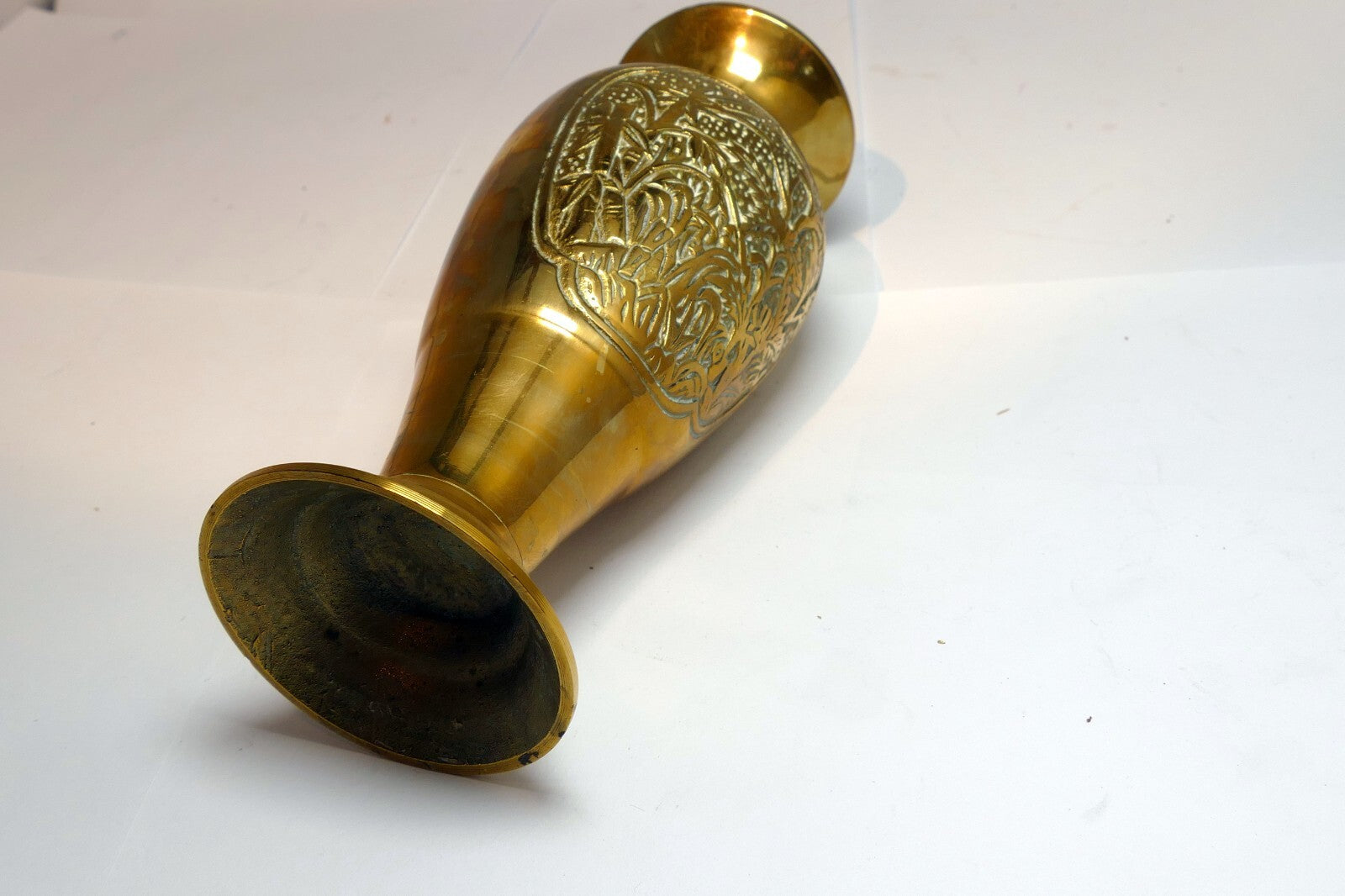Floral Etched Solid Brass Vase Bulbous Bottom Flared Pedestal Base Vintage  6”