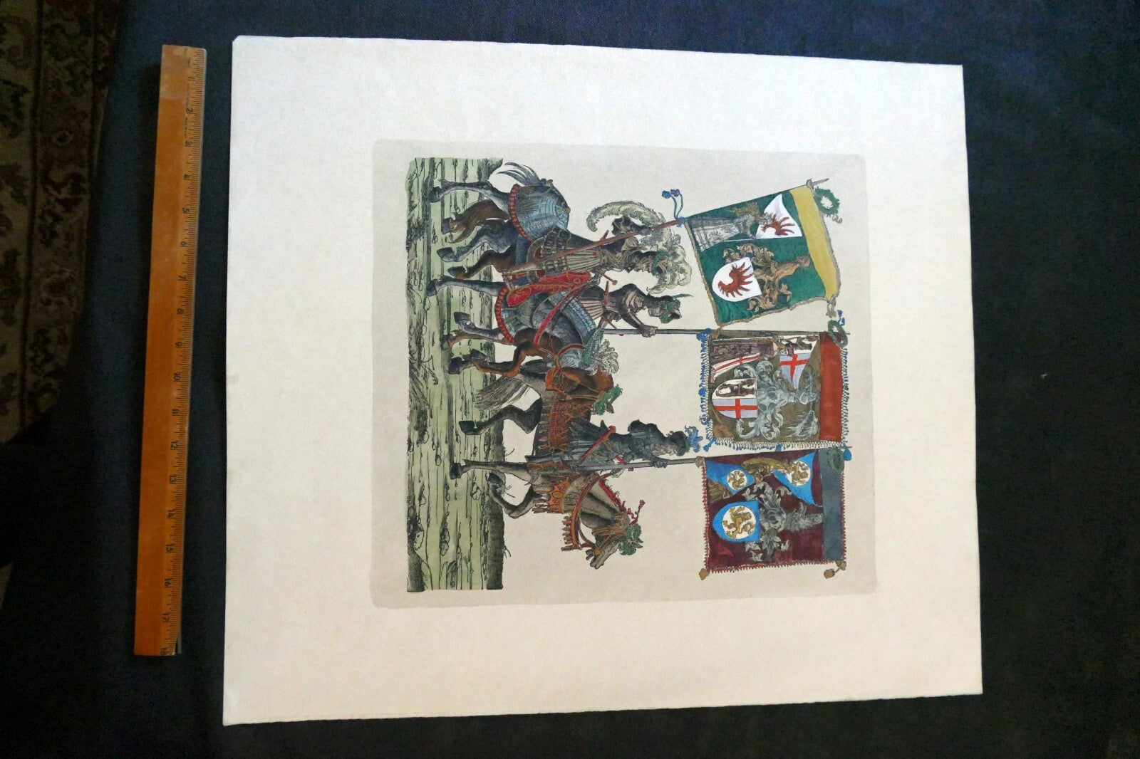 KNIGHT Flag Bearer HAND COLORED ENGRAVING large 21X24"