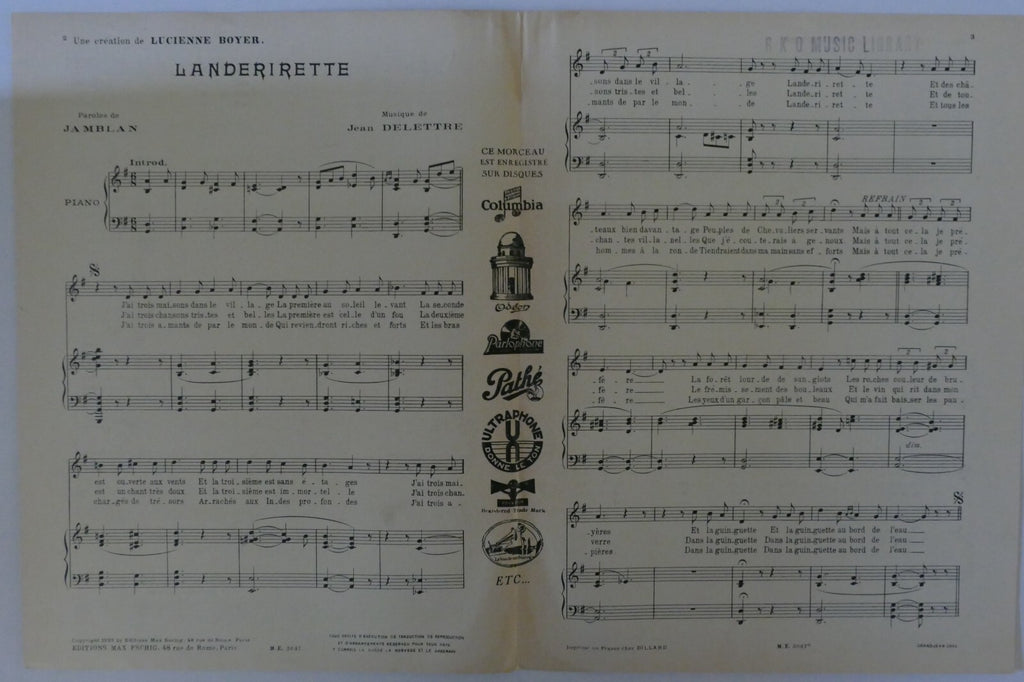 Landerirette, 1932, by Paroles de Jamblan and Jean Delettre, Editions Max Eschig