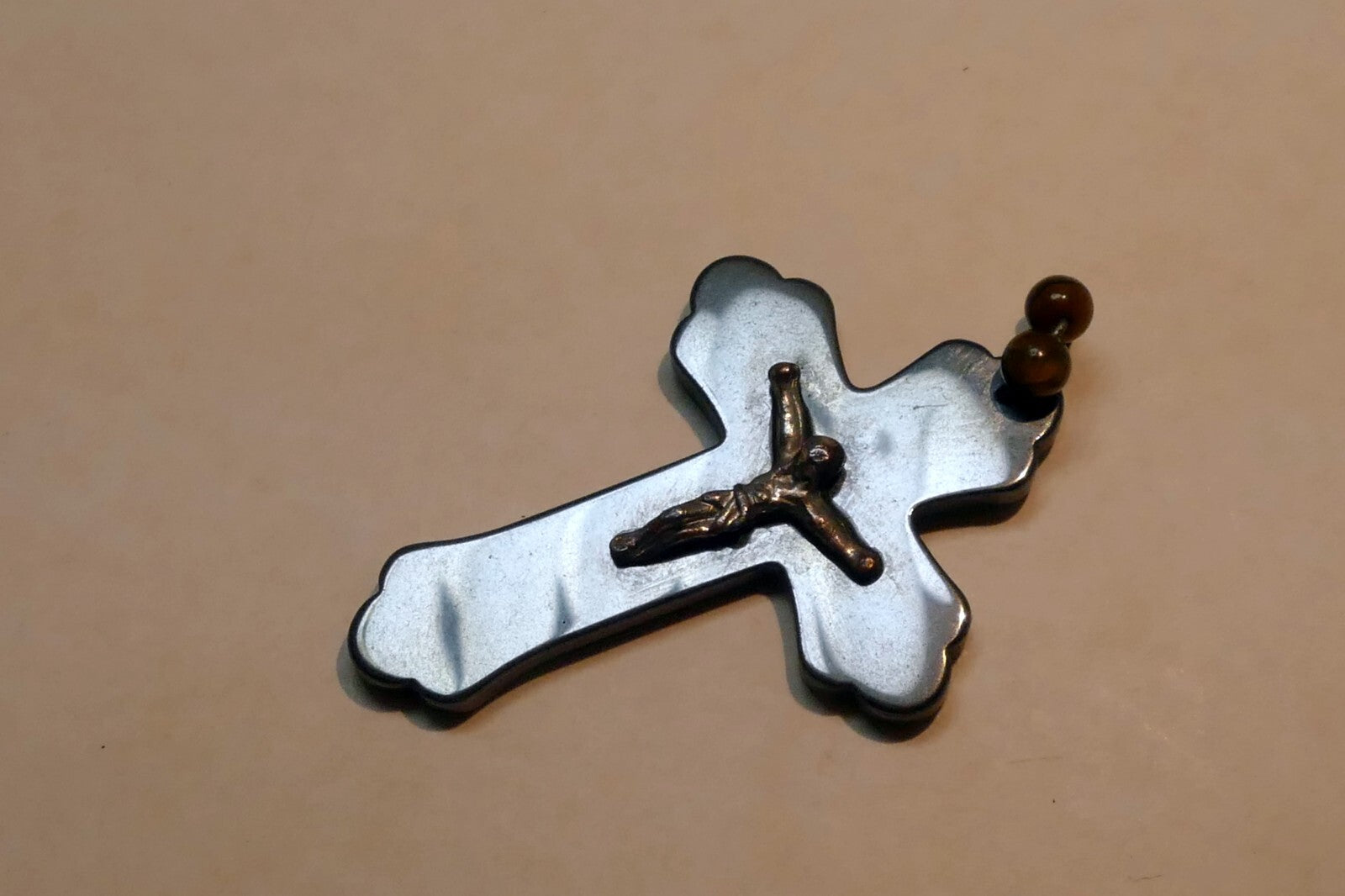 Metal Crucifix Cross Hematite Pendant vintage Italy 2"