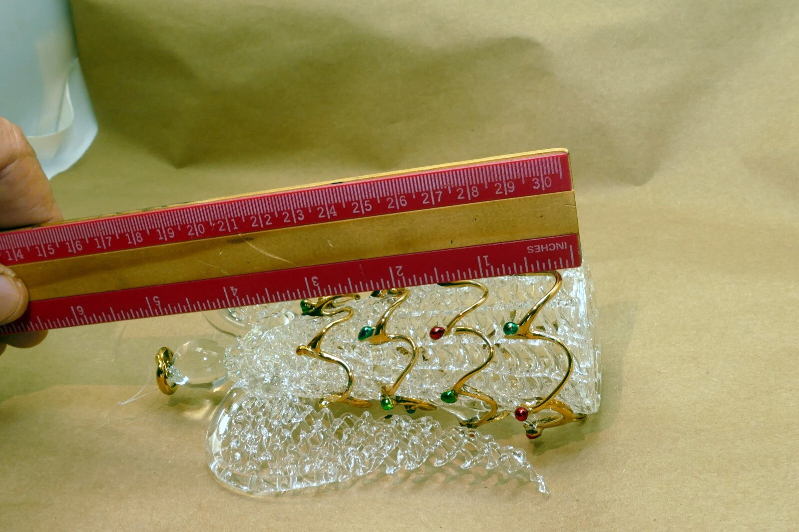 Spun Glass Crystal Christmas Ornament  gold green red hanging 6" tall Angel