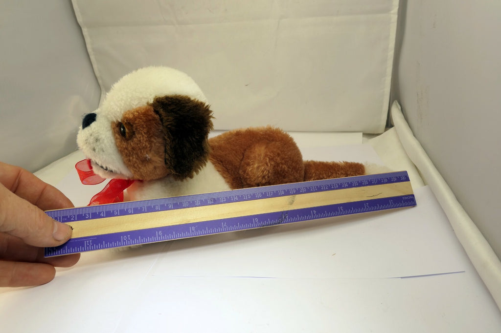 Soft Plush Stuffed Dog 9" brown white red bow vintage Christmas 11"