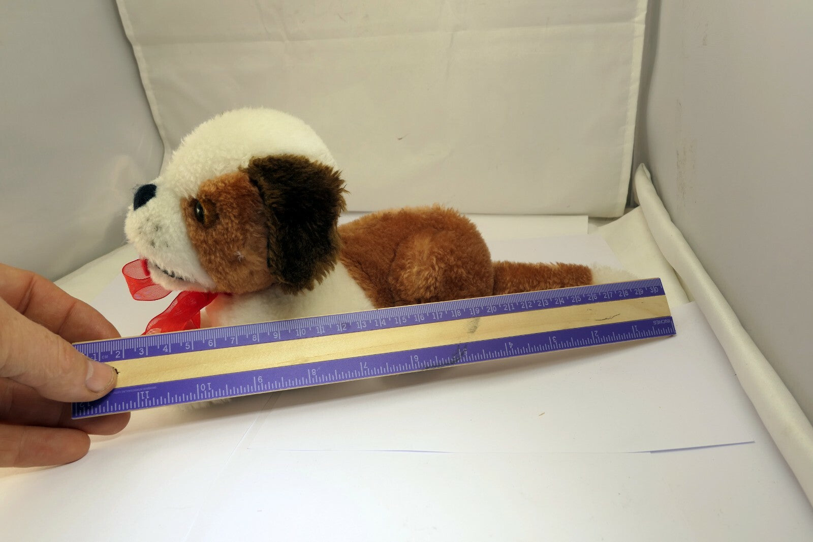 Soft Plush Stuffed Dog 9" brown white red bow vintage Christmas 11"