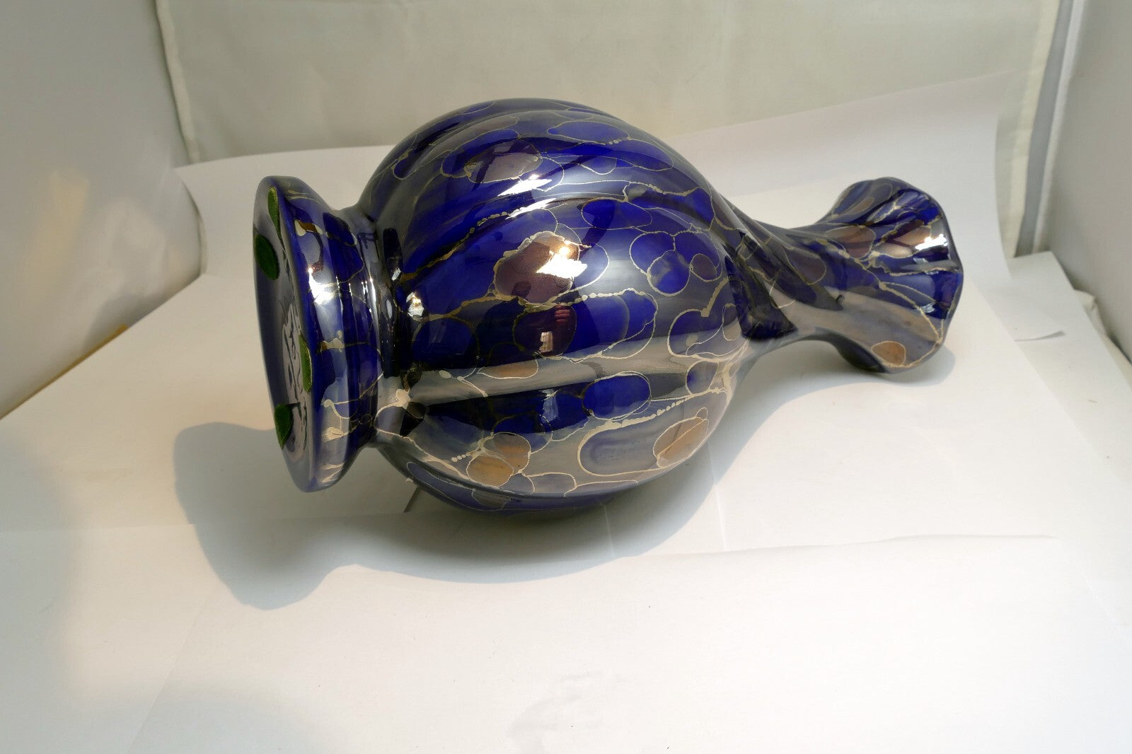 Blue Luster  Vase With Gold Oil Spot Design Glass 10" high Vase