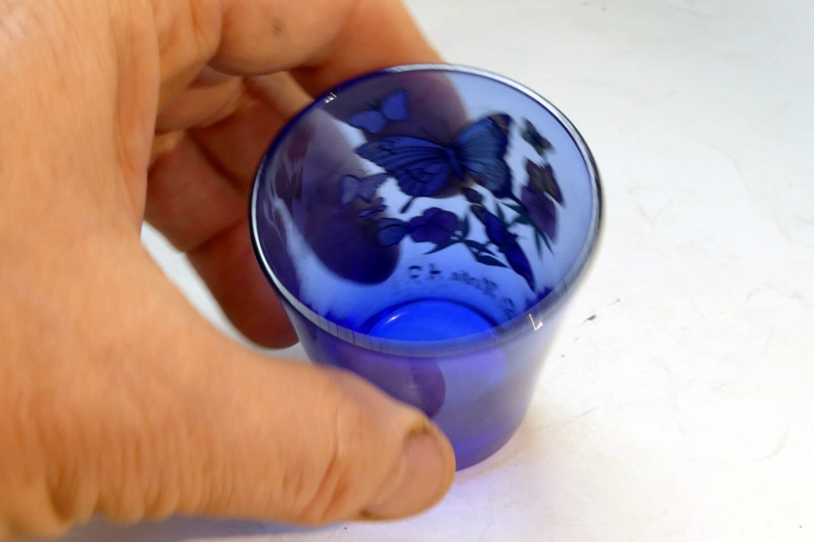ST. MARTIN A.F. Shot Glass 2 oz with Butterflies Blue glass