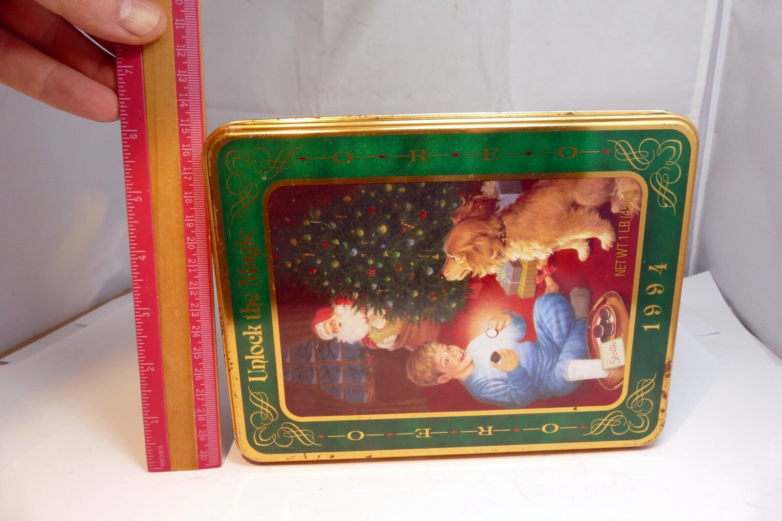 Oreo  Cookie Christmas Eve Tin empty container Santa Claus & Boy  milk tray Dog