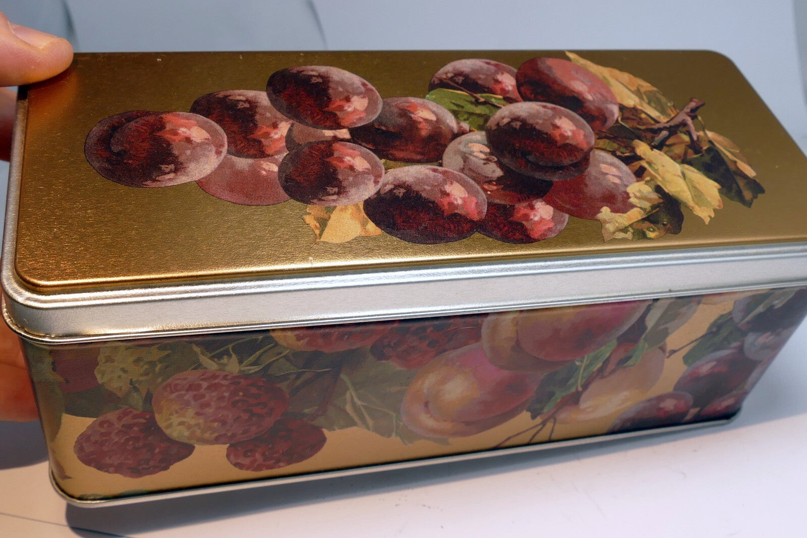 rectangle Tin Metal with grapes fruit plums strawberries
