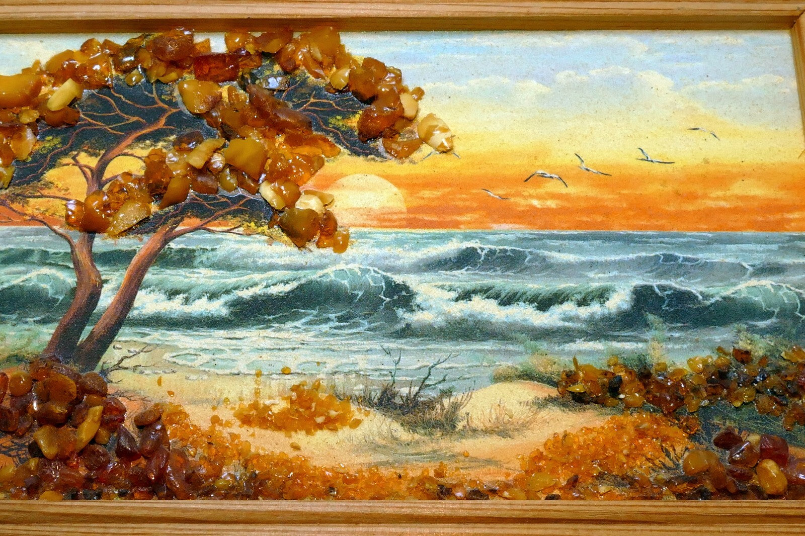 Amber painting baltic sea seascape landscape tree waves sky sunset gull birds
