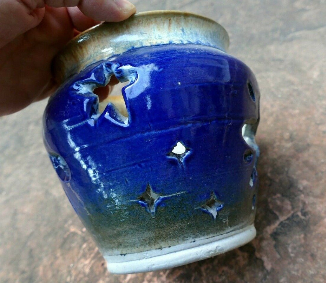 Glazed planter blue with stars 5.5x5.5" small succulent orchid candle holder
