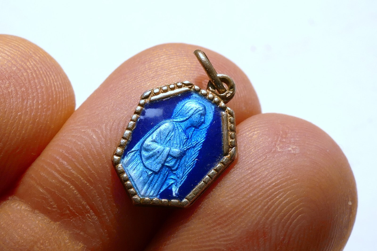 Virgin Mary Christ Pendant Charm Saint J.B. M. Vianney cure d'Ars Blue Enemeled