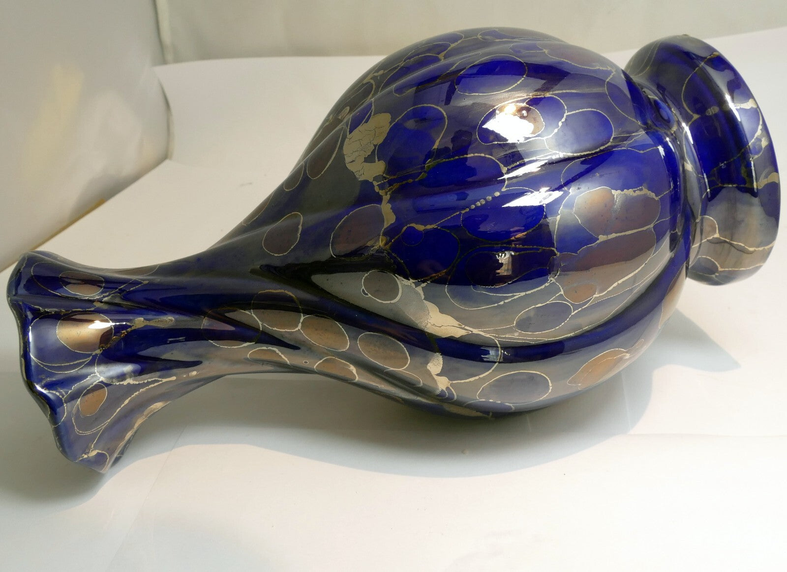 Blue luster vase with gold oil spot design glass 10" high vase