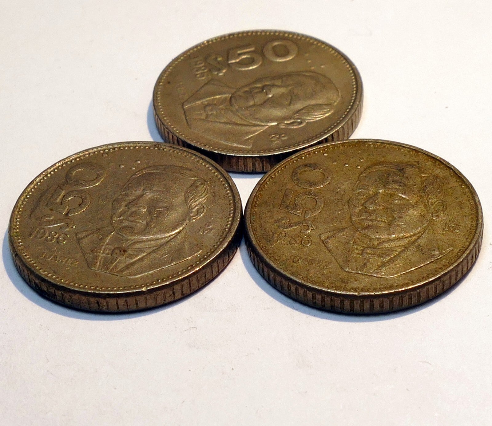 150 mexico 50 x 3 pesos coin benito pablo juárez garcía   pack lot of three 1986