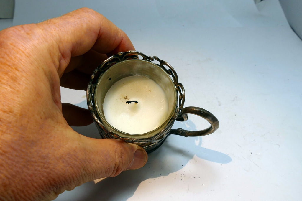 Small Metal Footed Votive Candle Holder with heart Handles floral design  2.5"