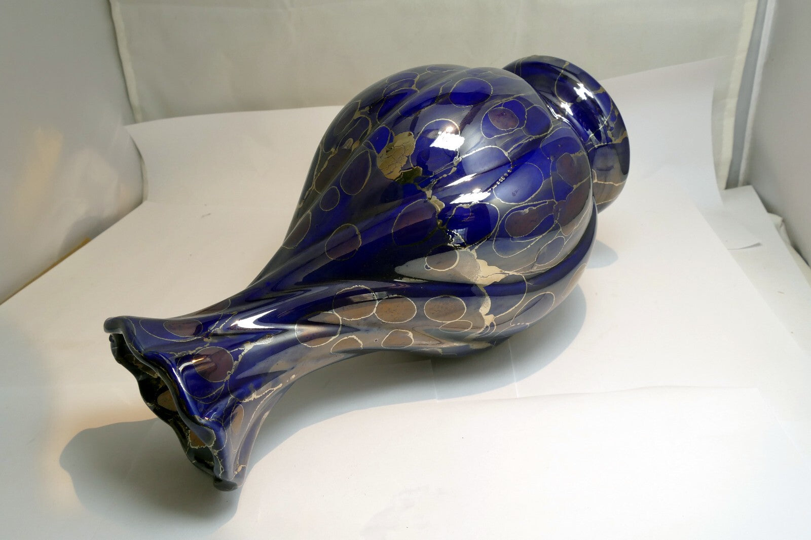 Blue Luster  Vase With Gold Oil Spot Design Glass 10" high Vase