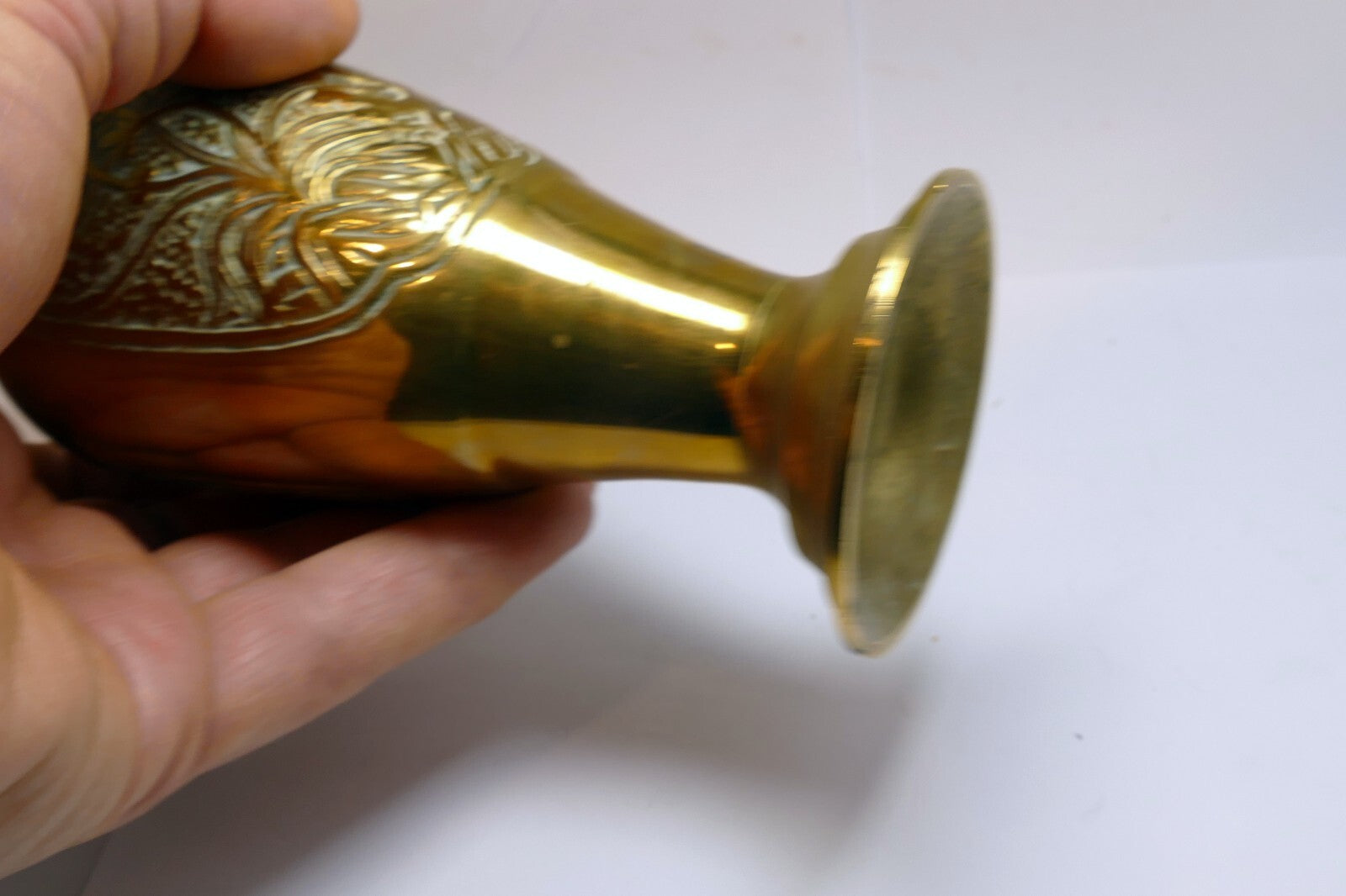 Floral Etched Solid Brass Vase Bulbous Bottom Flared Pedestal Base Vintage  6”