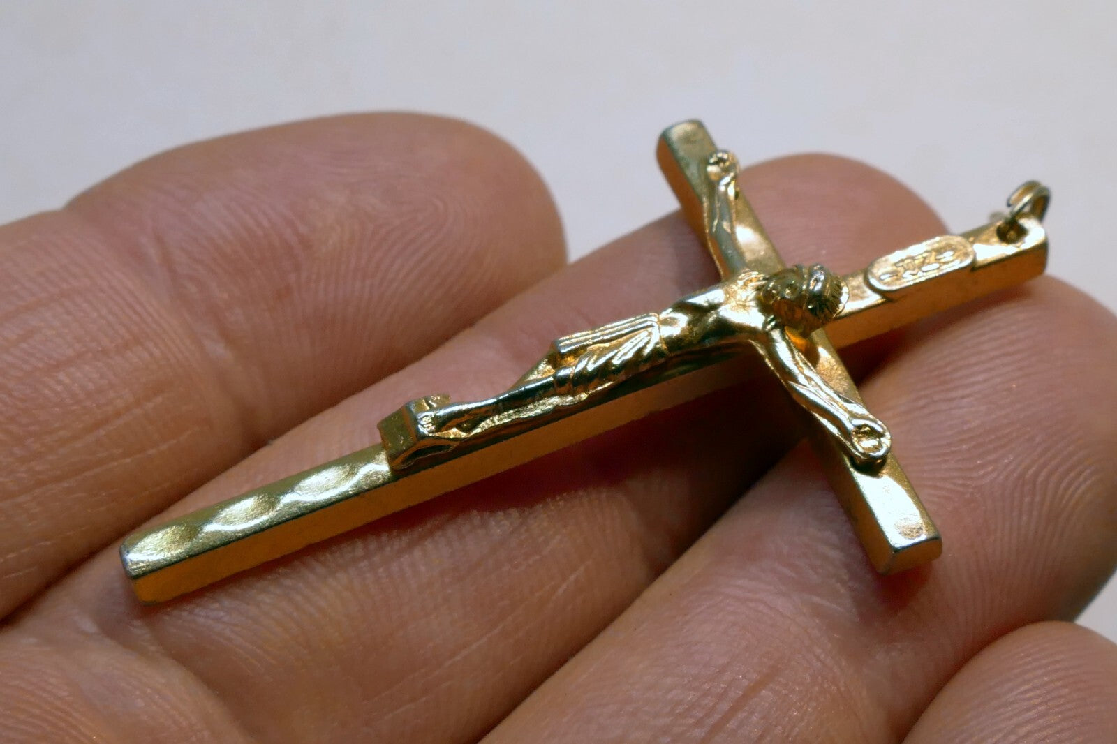 Gold Color tone Crucifix Cross Pendant Charm - ITALY vintage 2" long Catholic