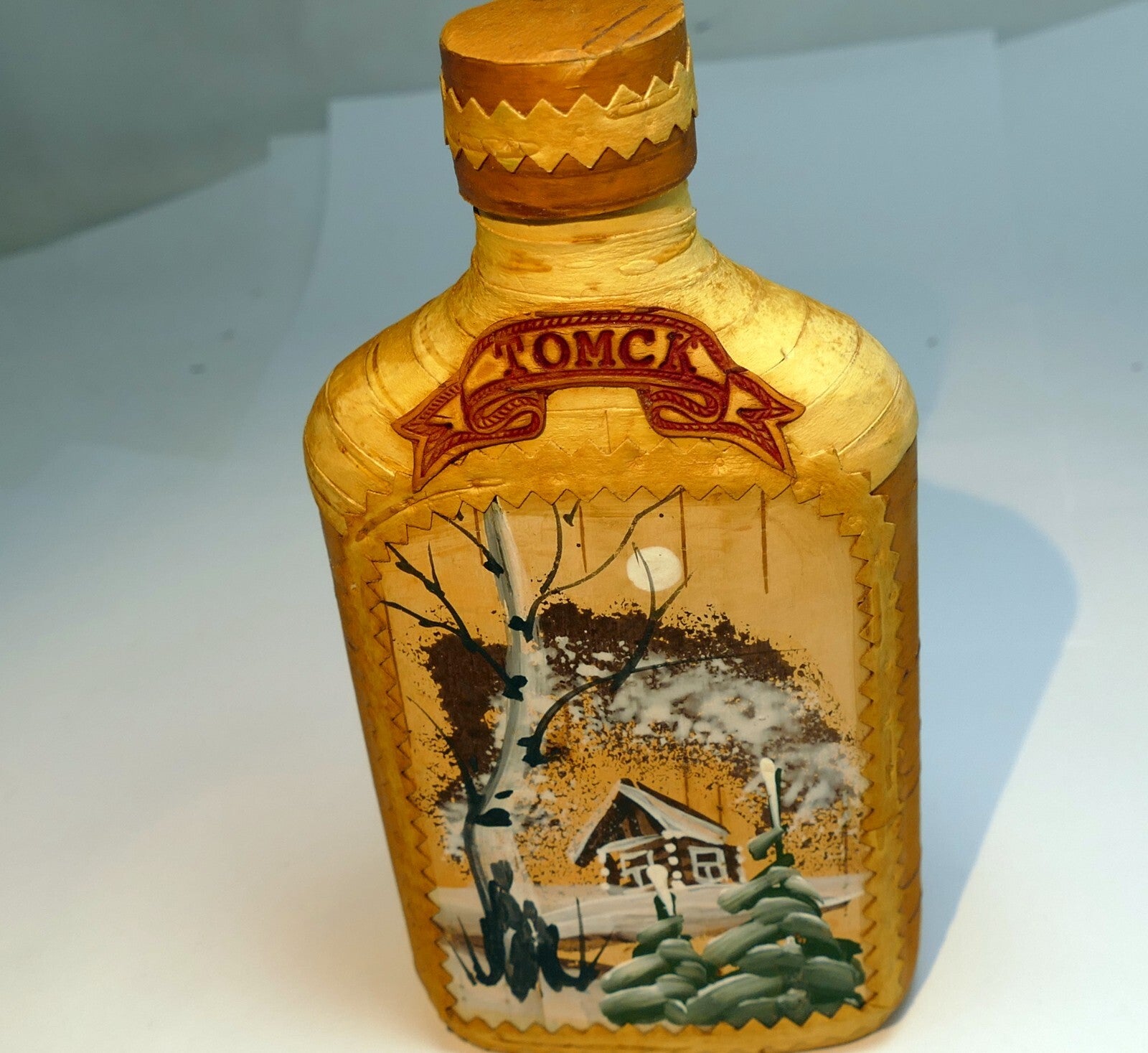 Birch bark wrapped tomsk russia siberia glass bottle hip flask liquor whiskey