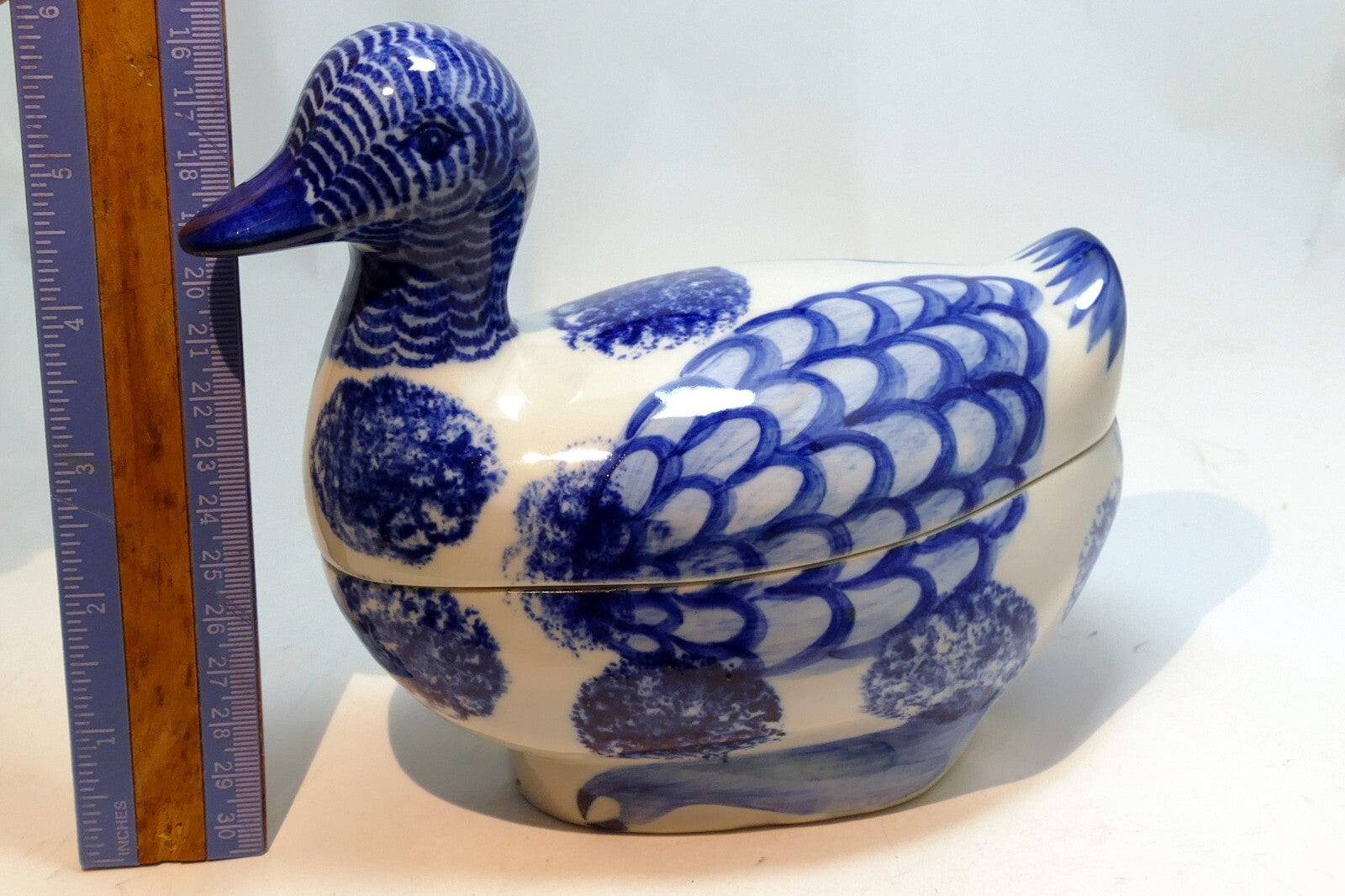 Vintage Ceramic Duck Goose Hand Painted Blue & White Trinket Box 6X4"