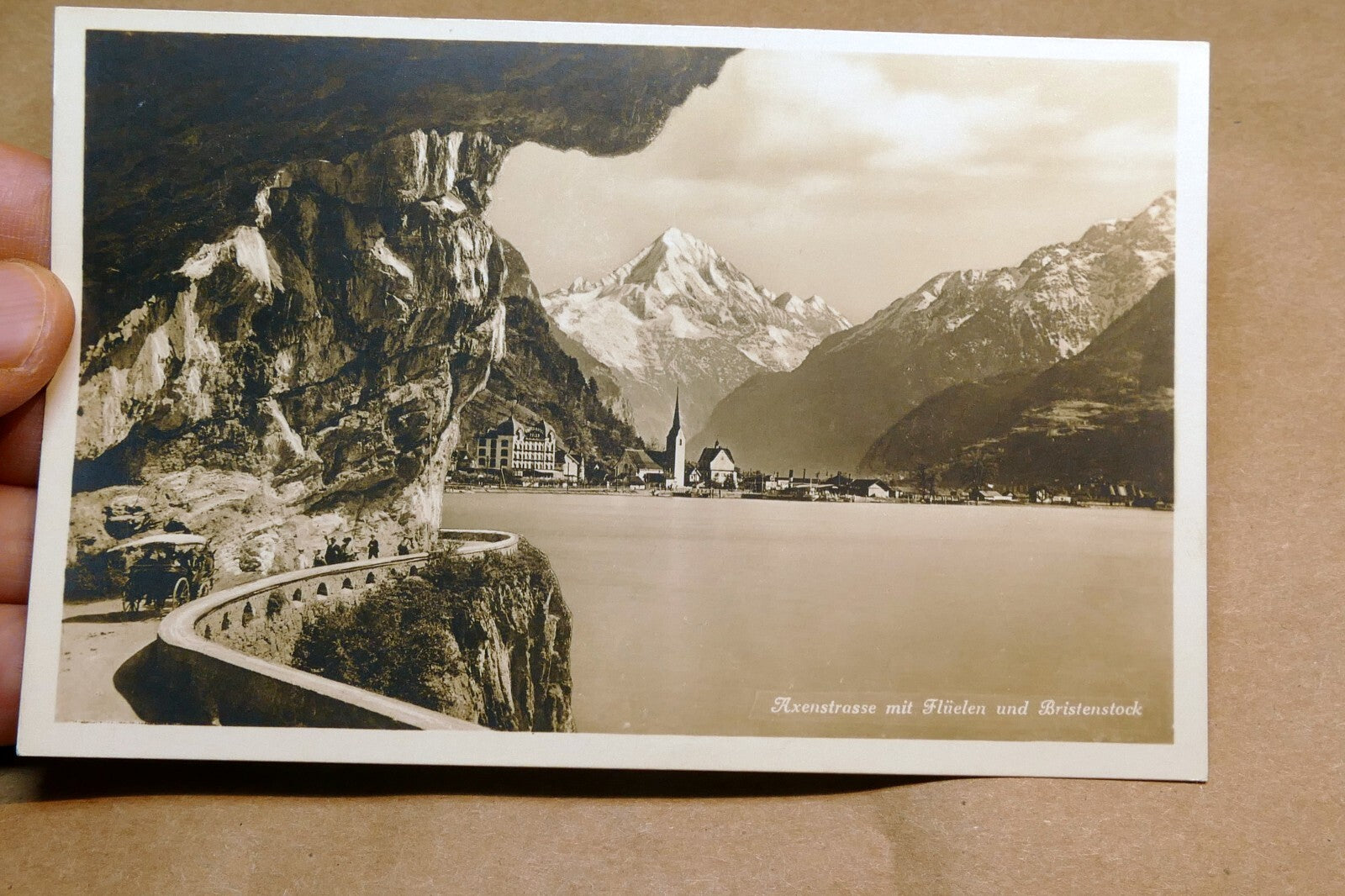 Axenstrasse mit Flüelen und Bristenstock Switzerland  1930's postcard - unposted