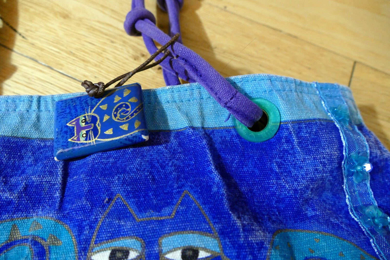 Laurel Burch Shoulder ZIPPER Top Feline Cat Friend metallic Blue Purple Handbag