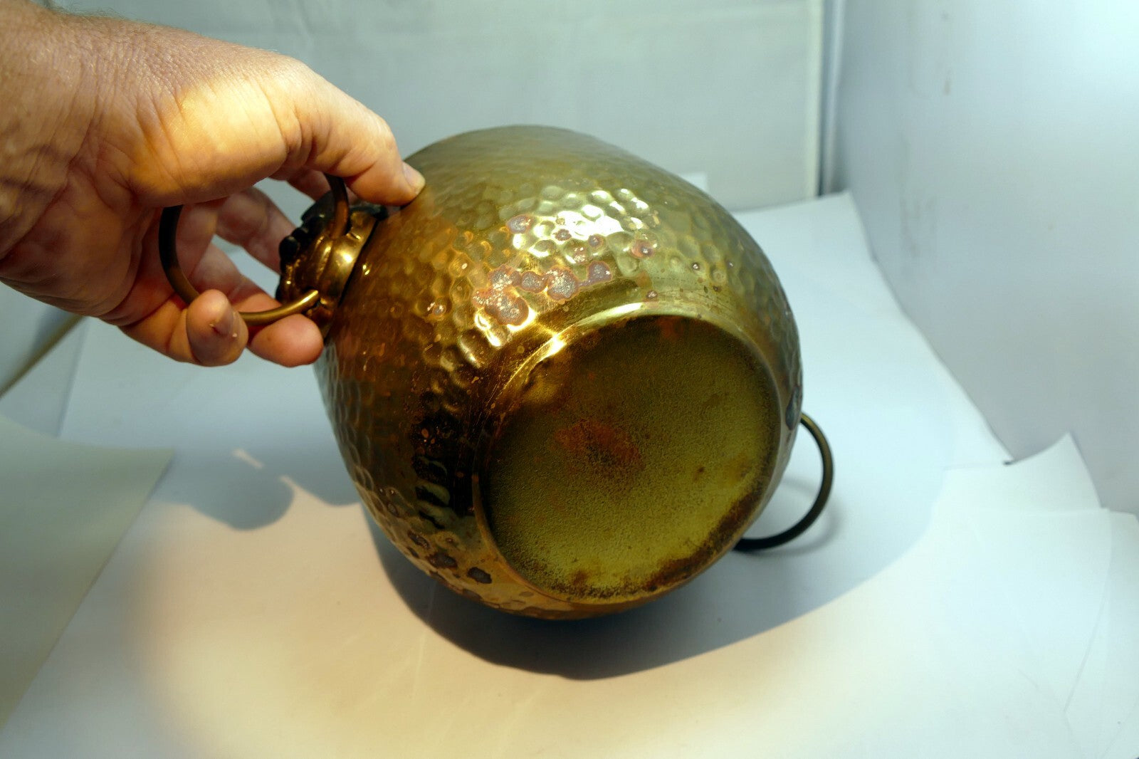 Brass Gold Colored Spittoon Hong Kong Lion 5.5" Hand Hammered Fu Dogs Head