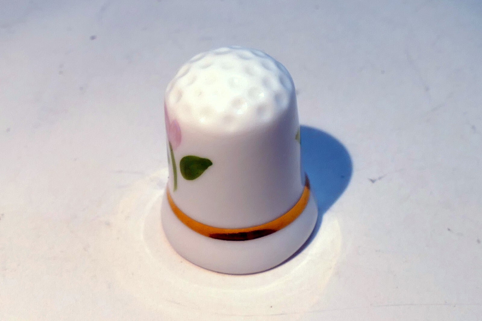 Porcelain Thimble Souvenir Pink Tulip Flower  gold rim