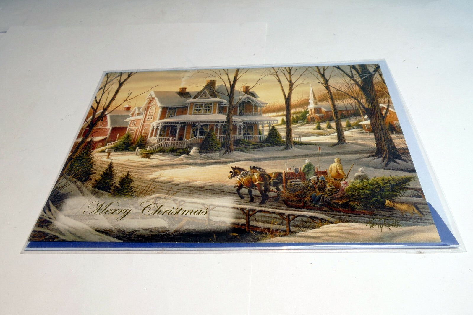 Christmas Card Season's Greeting home snow winter horse sleigh kids tree church