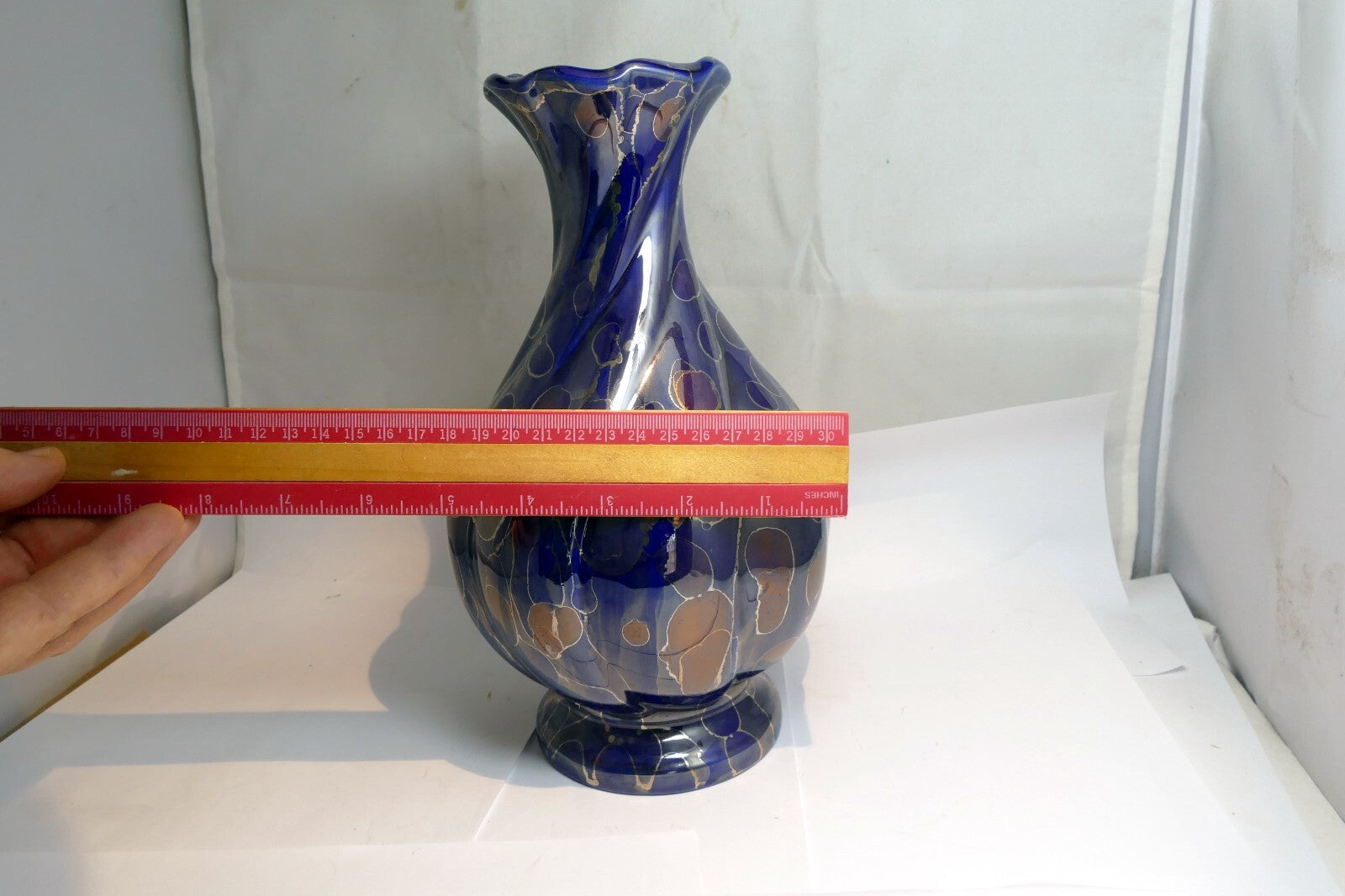 Blue Luster  Vase With Gold Oil Spot Design Glass 10" high Vase