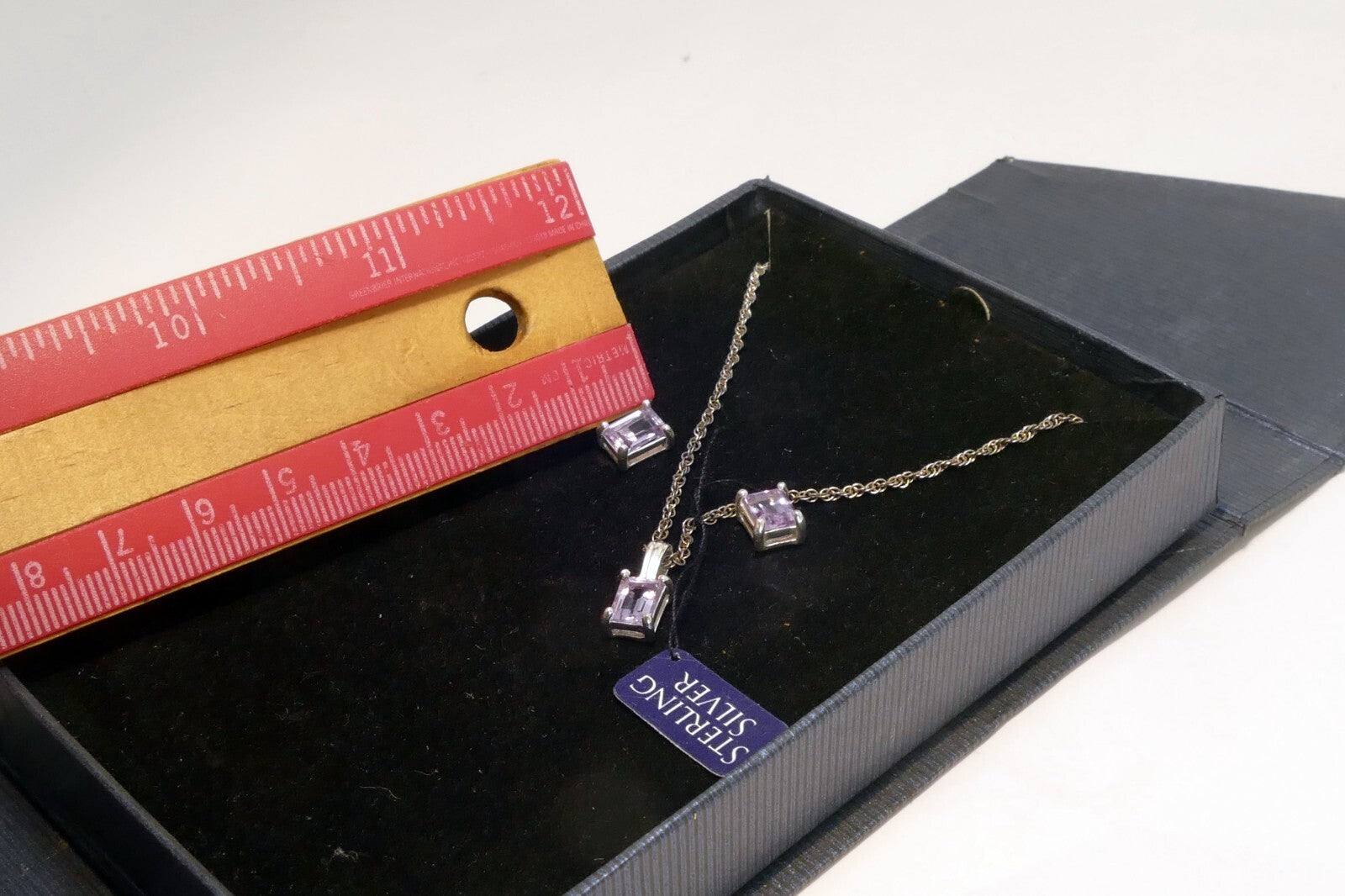 Sterling Silver 925 Pink Pendant Ear Ring Set 18" chain vintage