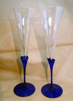 2 COLONY Glasses Flutes Wine Champagne Amaryllis Stem Cobalt Blue 11.2" tall set