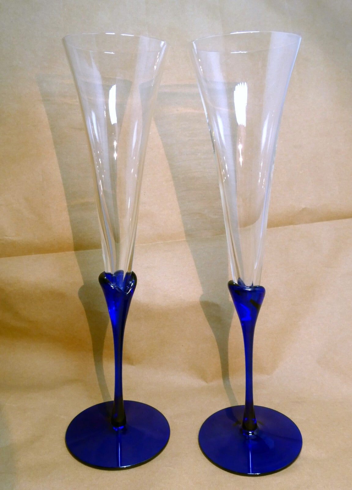 2 COLONY Glasses Flutes Wine Champagne Amaryllis Stem Cobalt Blue 11.2" tall set